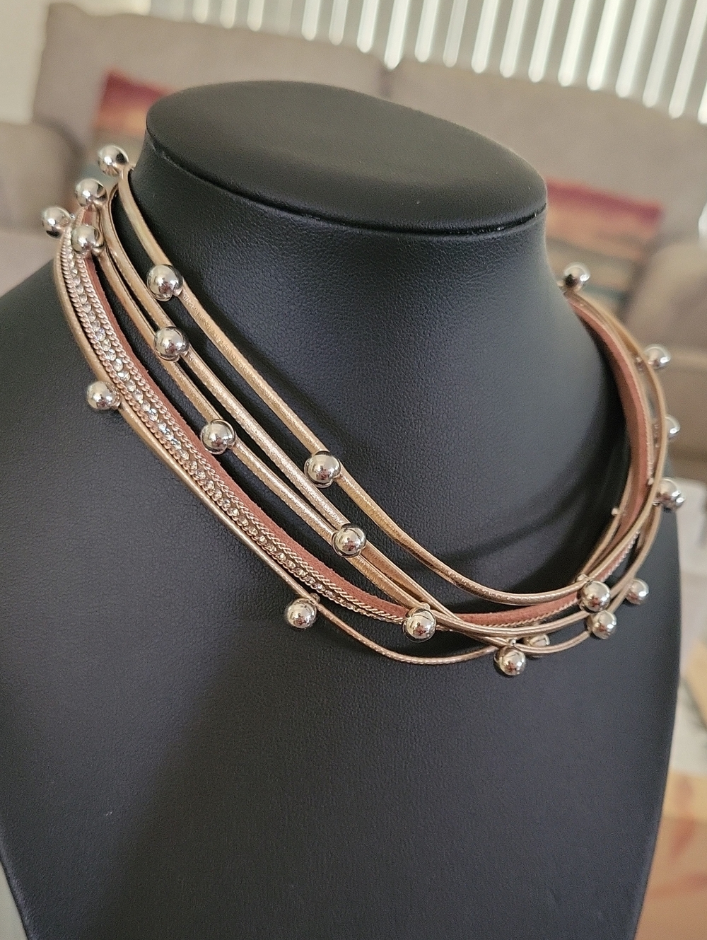 Multi-Strand Metallic Bead Layered Bracelet- Rose Gold & Silver